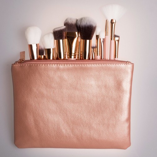 15PCS Rose Gold Cosmetic Makeup Brush Set with Zipper Bag